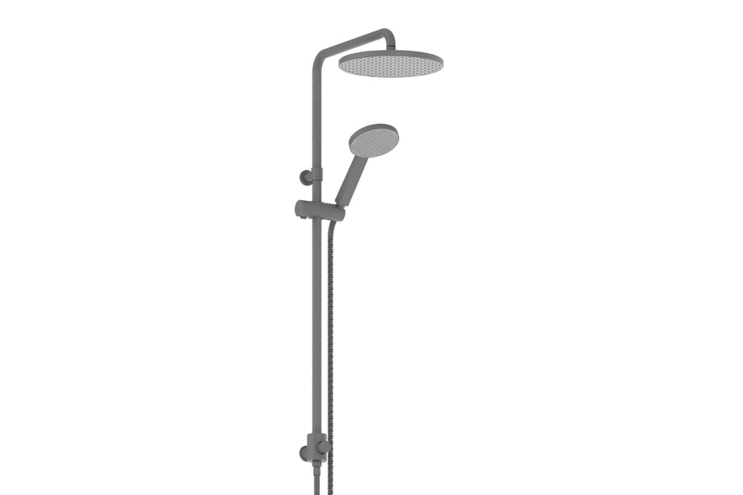 Glide RainBoost Twin Rail Shower in Gunmetal – bold gunmetal finish shower with architectural styling