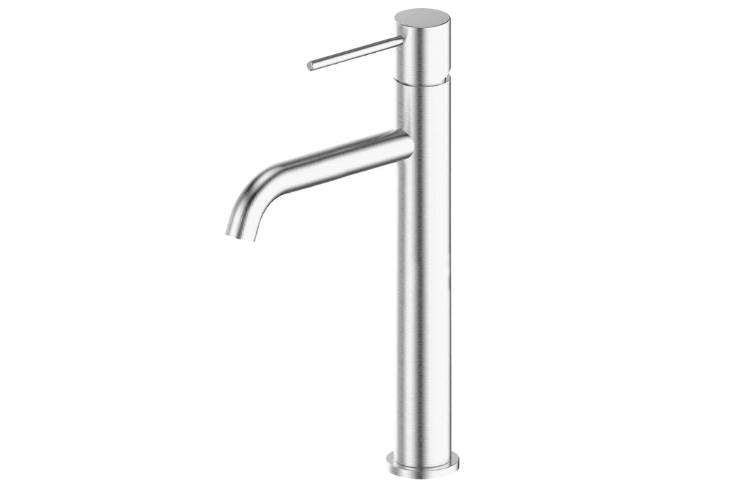 Gisele Tower Basin Mixer in Brushed Stainless – brushed stainless tall tapware for refined bathroom design