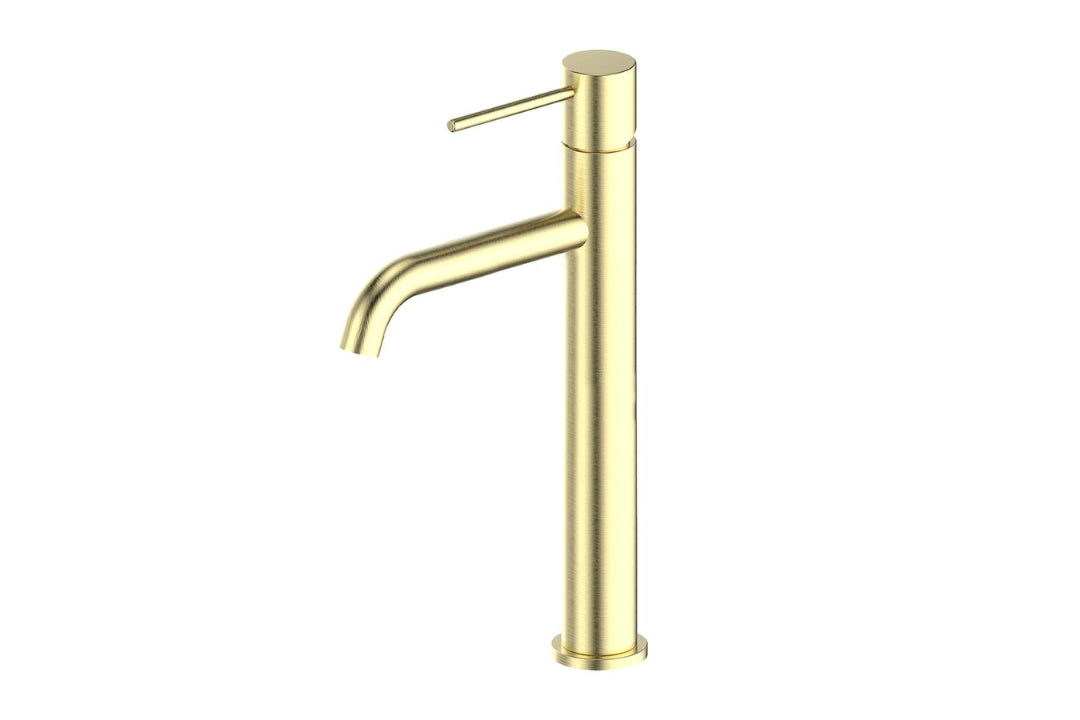 Gisele Tower Basin Mixer in Brushed Brass – brushed brass tall basin mixer for luxury architectural bathrooms