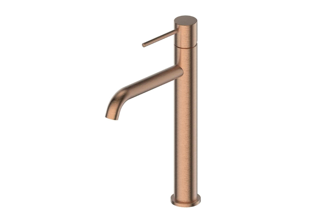 Gisele Tower Basin Mixer in Brushed Copper – brushed copper mixer tap for vessel basins in modern interiors