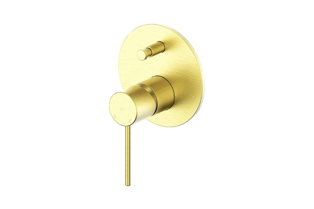 Gisele Shower/Bath Diverter Mixer in Brushed Brass – brushed brass dual-outlet mixer tap for modern bathroom designs