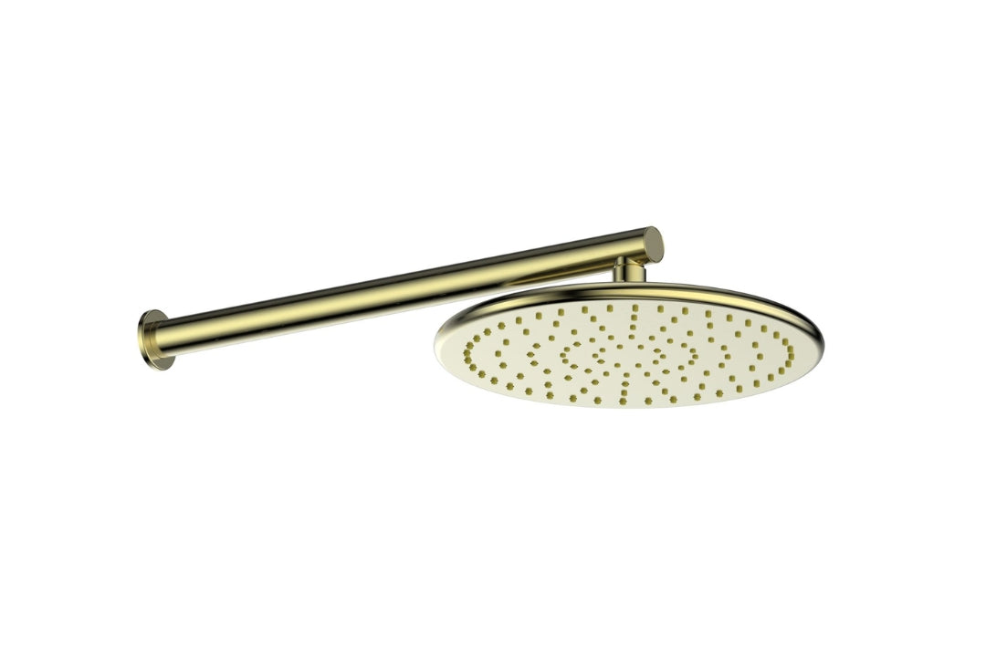 Rocco Wall Shower in Brushed Brass – brushed brass wall shower for soft modern bathroom interiors
