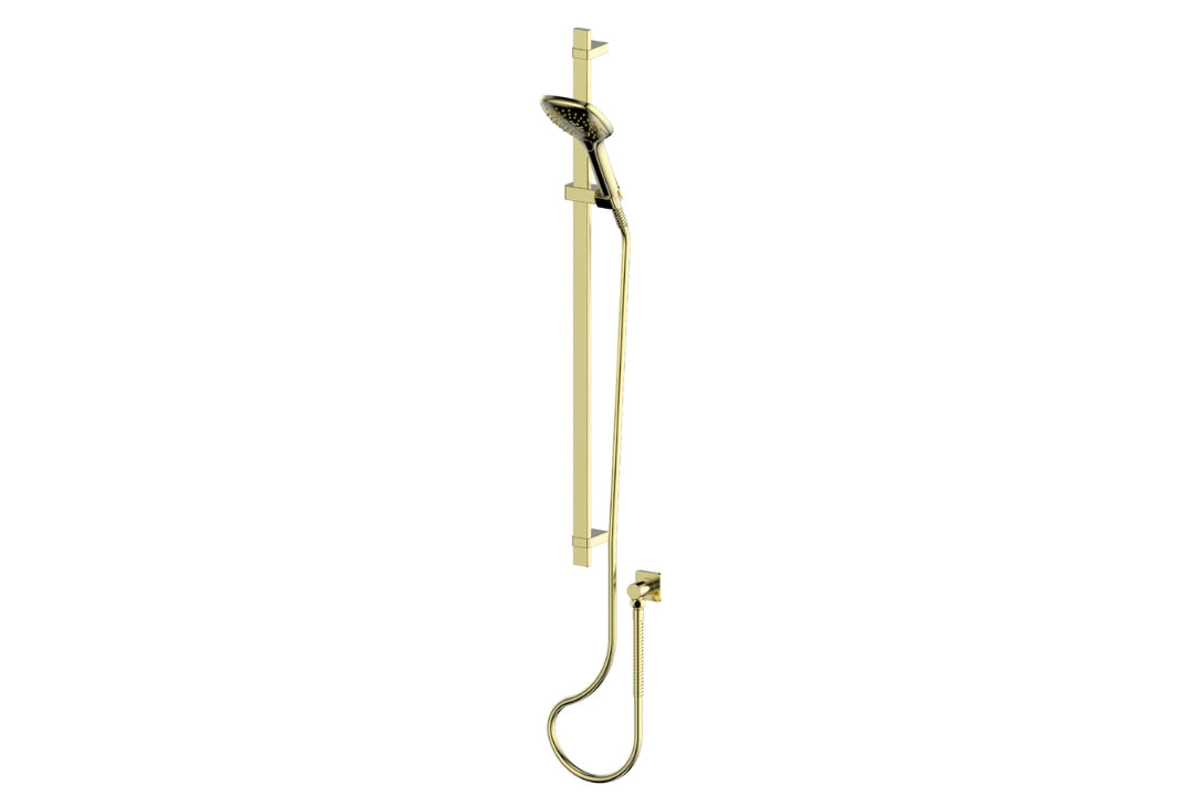 Skyla AirFlo Rail Shower in Brushed Brass – brushed brass rail shower for soft-square luxury bathrooms