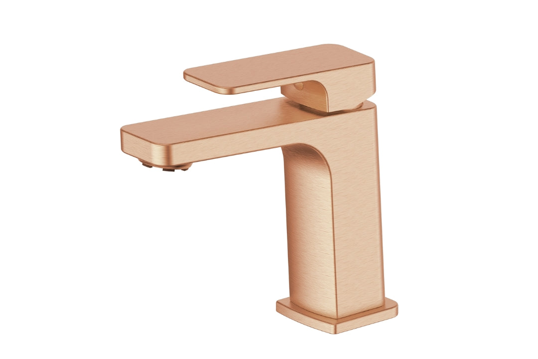 Swept Basin Mixer in Brushed Copper – brushed copper bathroom tap with soft square design for luxury interiors