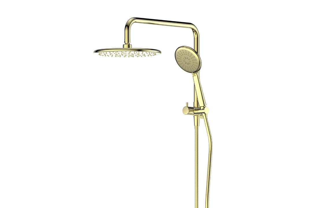 Rocco Short Twin Rail Shower in Brushed Brass – brushed brass modern twin rail shower for interior designers