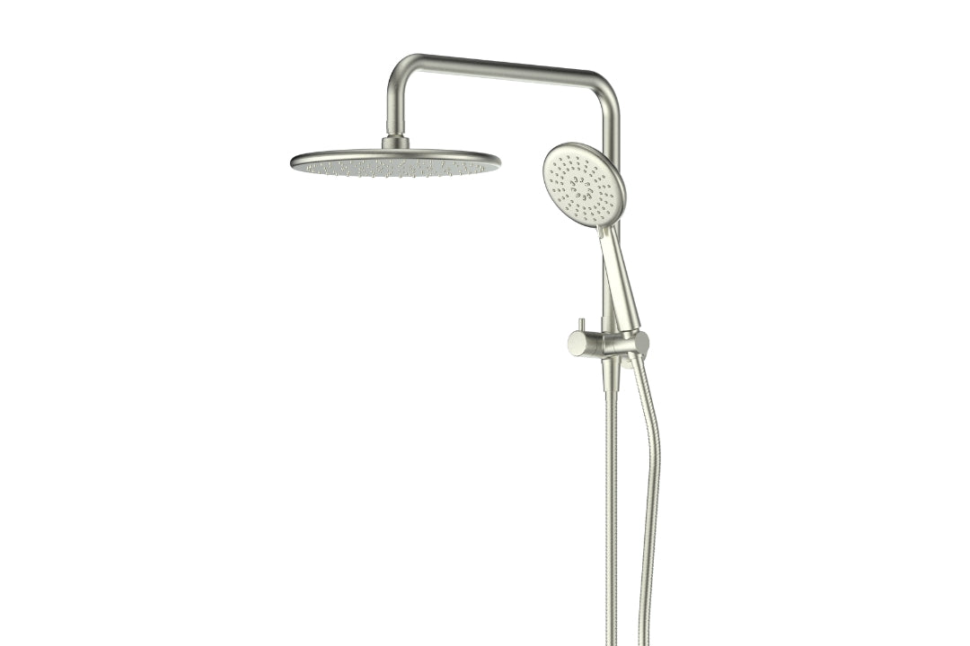 Rocco Short Twin Rail Shower in Brushed Nickel – brushed nickel twin rail shower for architectural bathroom design