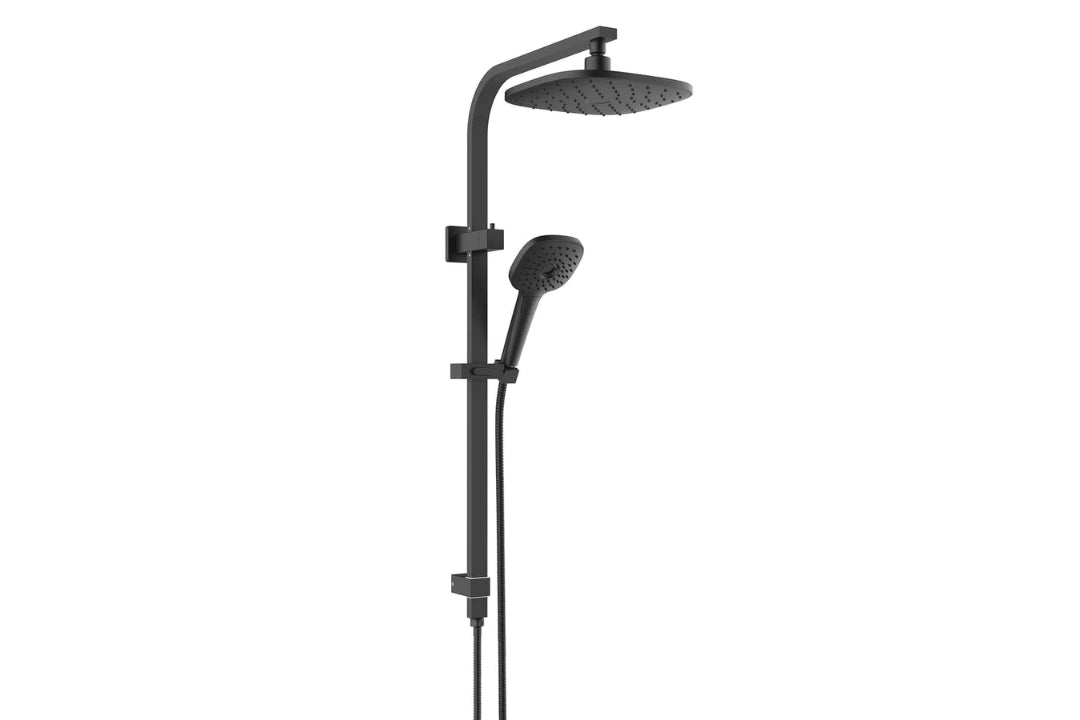 Corban Twin Rail Shower in Matt Black – matt black architectural shower with multi-function handset
