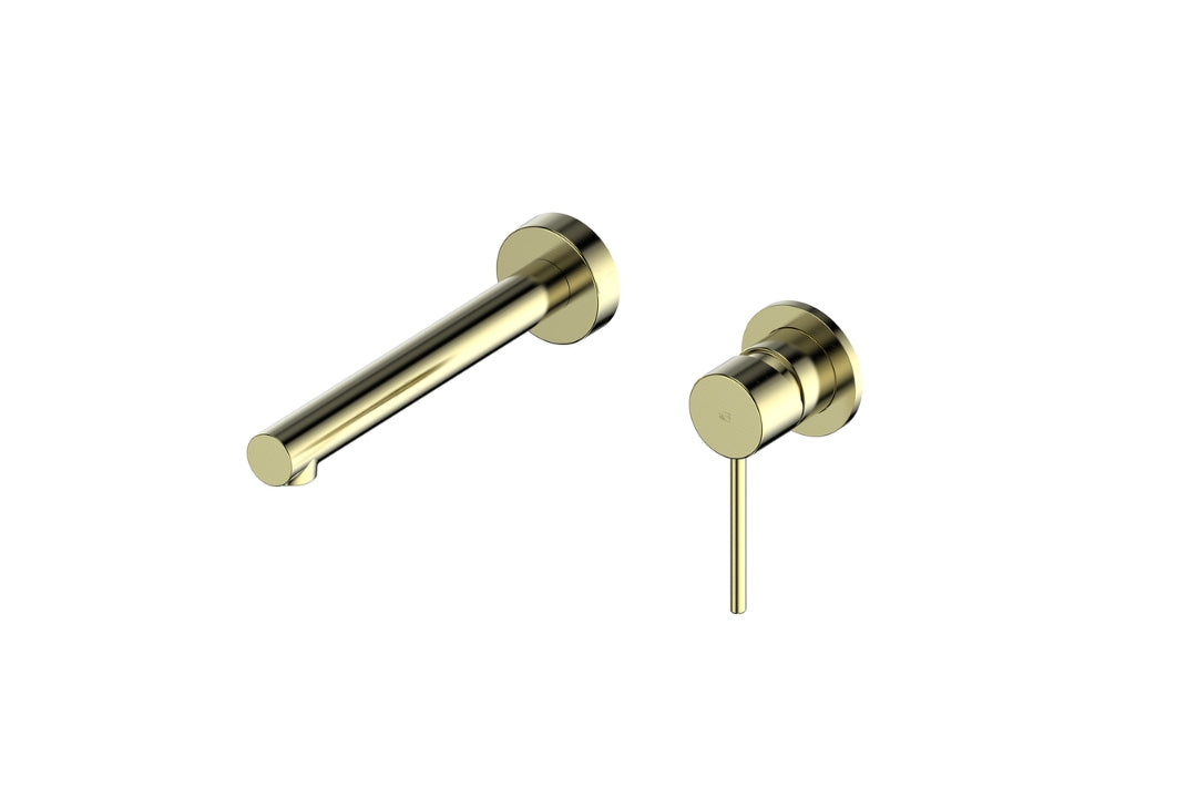 Maci Wall Basin Mixer in Brushed Brass – brushed brass wall mixer tap for modern architectural bathrooms
