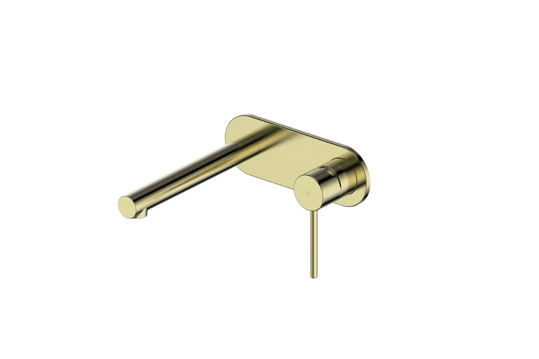 Maci Wall Basin Mixer with Faceplate in Brushed Brass – brushed brass wall mixer tap for luxury architectural bathrooms