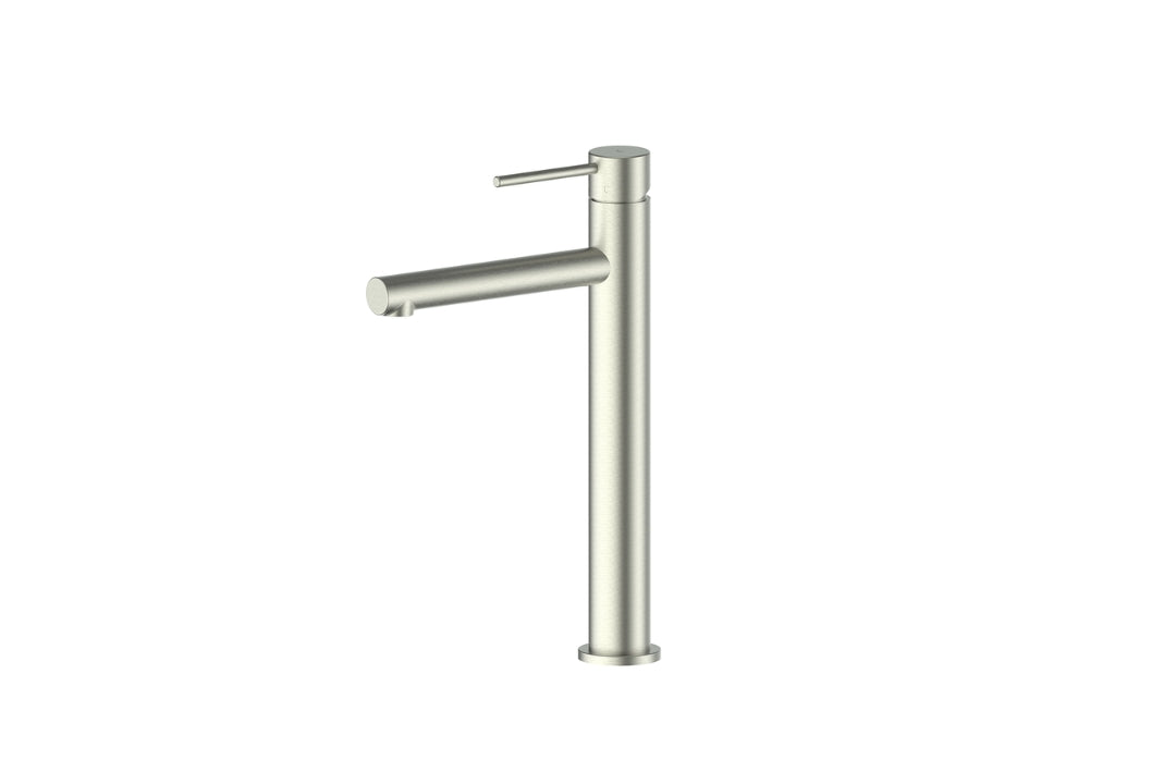 Maci Tower Basin Mixer in Brushed Nickel – brushed nickel vessel tap for minimalist bathroom interiors