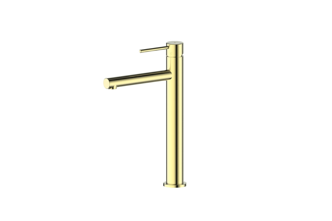 Maci Tower Basin Mixer in Brushed Brass – brushed brass tall basin mixer for luxury architectural bathrooms