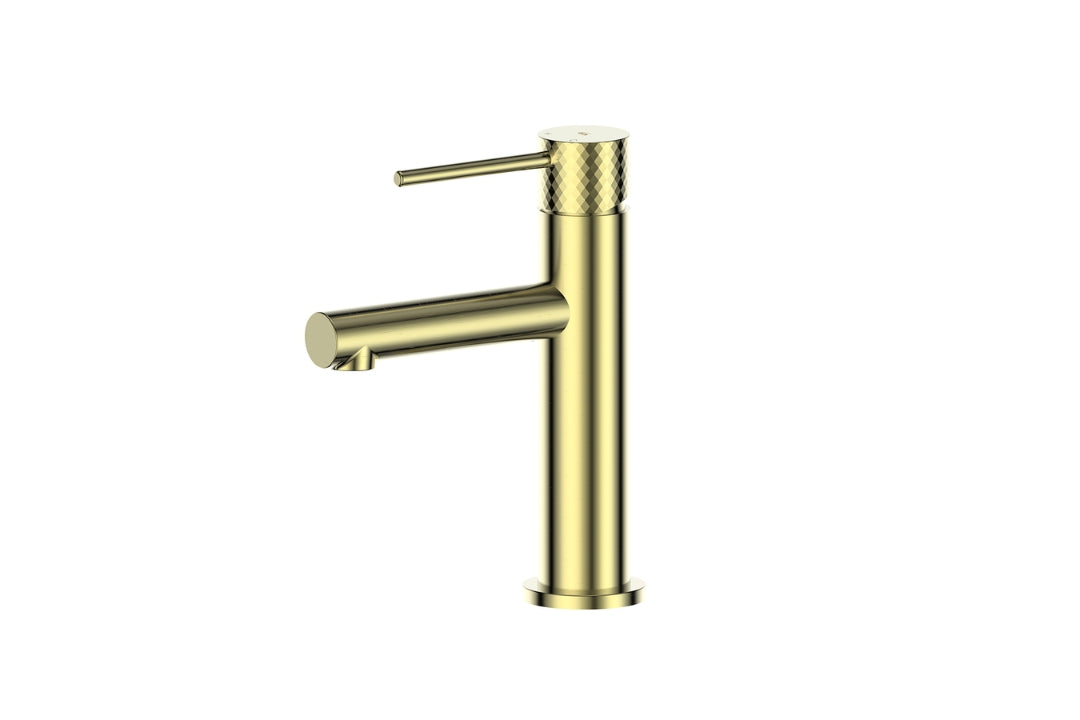 Mika Basin Mixer in Brushed Brass – brushed brass basin mixer with textured handle for architectural bathrooms