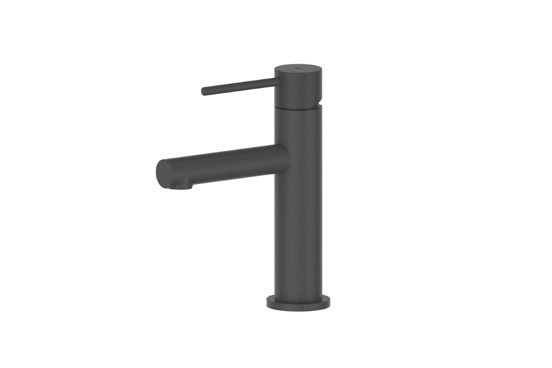 Mika Basin Mixer in Gunmetal – gunmetal basin tapware with textured detail for modern interiors