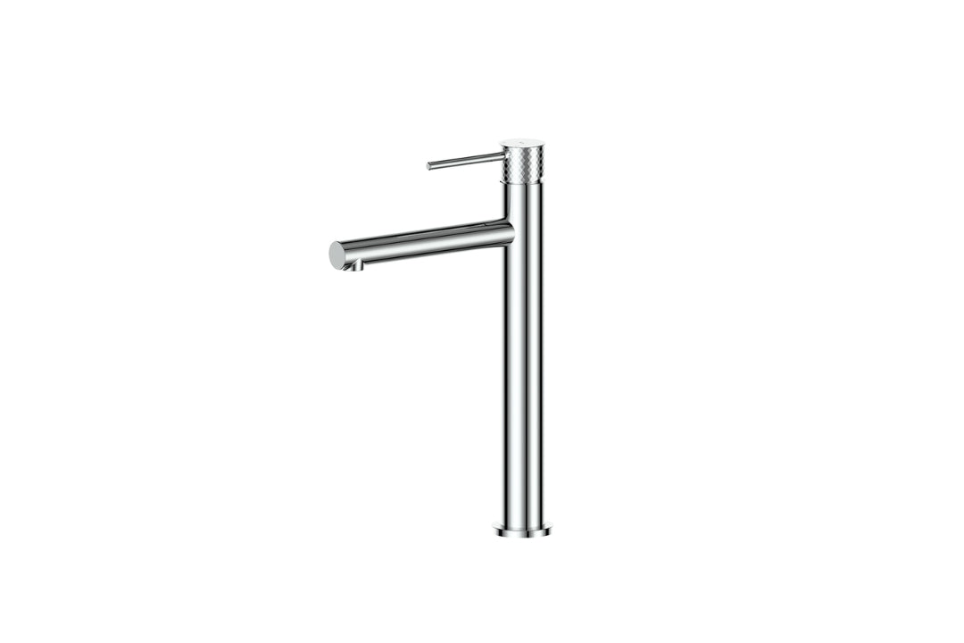 Mika Tower Basin Mixer in Chrome Plate – chrome tall basin mixer with textured handle for designer vanities