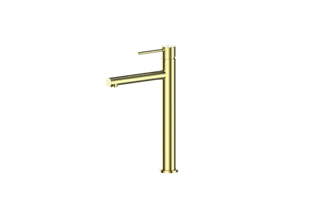 Mika Tower Basin Mixer in Brushed Brass – brushed brass tall basin mixer for luxury architectural bathrooms