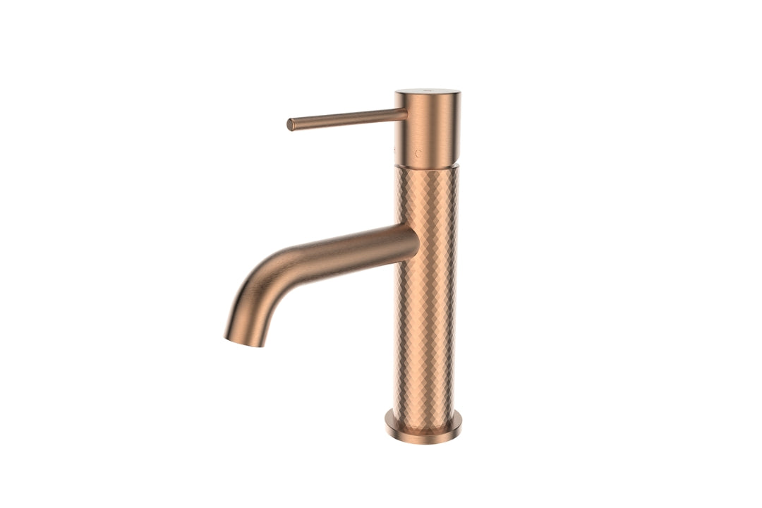 Tesora Basin Mixer in Brushed Copper – brushed copper basin mixer with fixed spout for designer interiors
