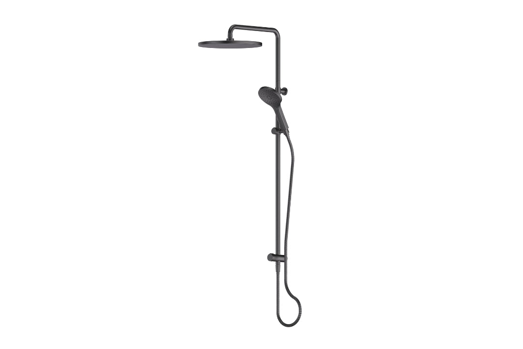 Lavish BubbleJET Twin Rail Shower in Gunmetal – bold gunmetal twin rail shower for architectural interiors