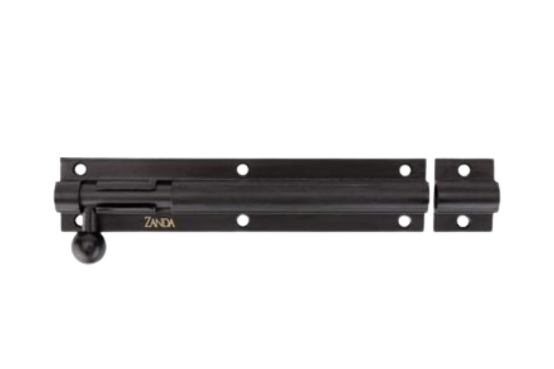 Product picture of the Zanda Architectural Hardware Matt Black Barrel Bolt 150mm on a white background.