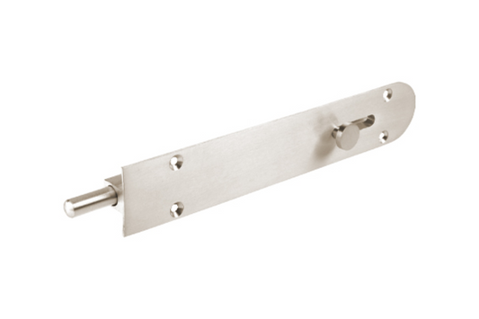 Product picture of the Zanda Reverse Barrel Bolt Radius 200mm Brushed Nickel 5231.BN on a white background.