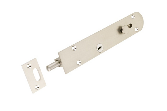 Product picture of the Zanda Lockable Reverse Barrel Bolt 200mm Brushed Nickel 5231.L.BN on a white background.