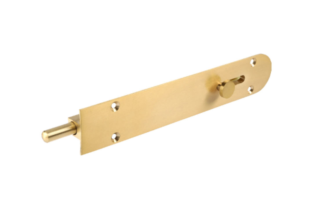 Product picture of the Zanda Reverse Barrel Bolt Radius 200mm Satin Brass 5231.SB on a white background.
