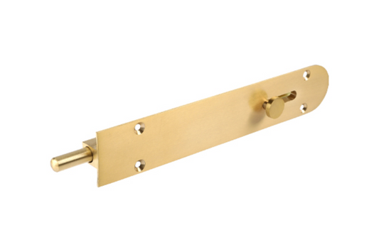 Product picture of the Zanda Reverse Barrel Bolt Radius 200mm Satin Brass 5231.SB on a white background.