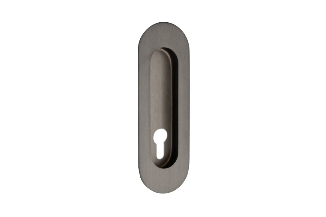 Product picture of the Zanda Duke Graphite Nickel Flush Pull 120x40mm with euro cut out on a white background.