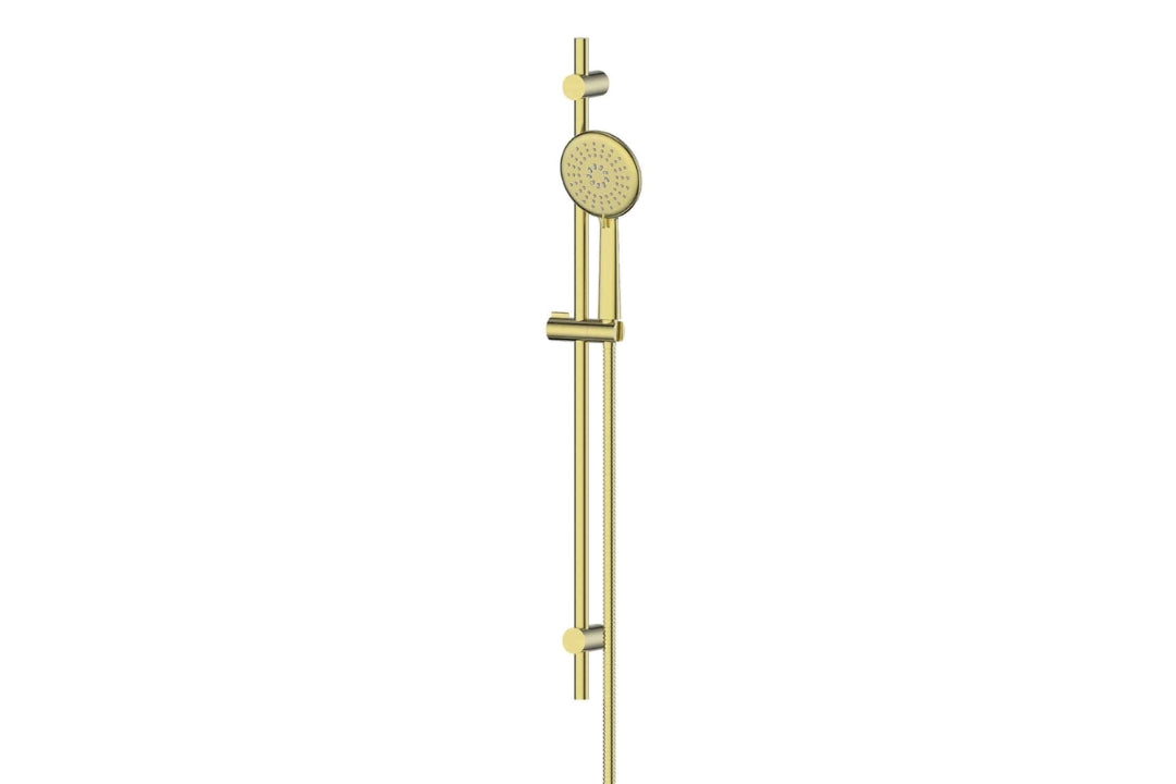 Rocco Adjustable Rail Shower in Brushed Brass – brushed brass rail shower for soft modern bathroom design