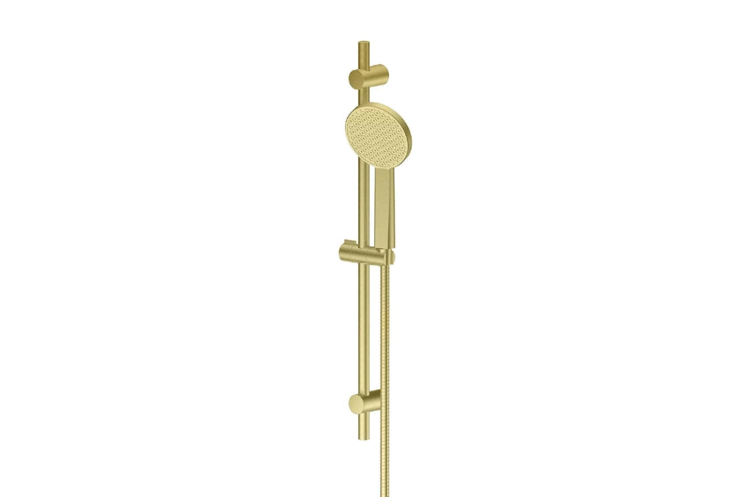 Glide RainBoost Adjustable Rail Shower in Brushed Brass – brushed brass rail shower for soft modern bathrooms