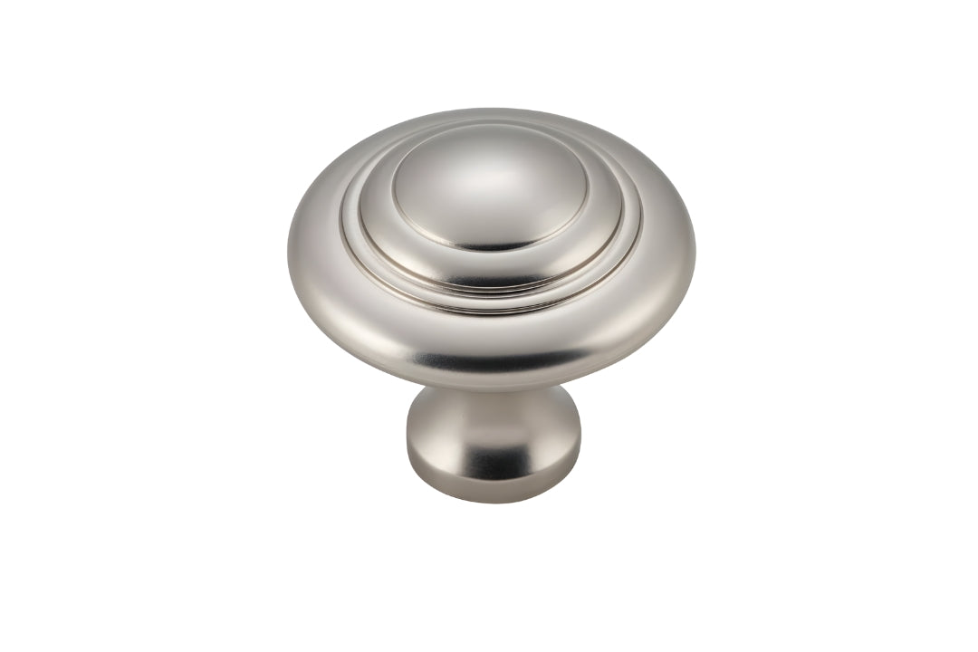 Product picture of the Tradco Domed Cabinet Knob 32mm Satin Nickel on a white background.