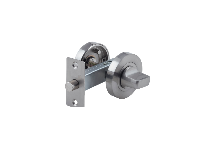 Product picture of the Brushed Nickel Round Privacy Kit on a white background.