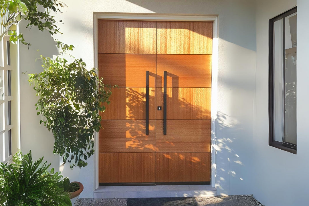 Exterior view of the 7100 Polo Pull Handle installed on a brown wooden door with plants to the left side and a window to the right side.