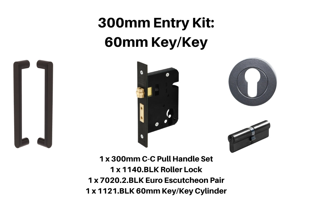 Product picture of the Duke Matt Black Pull Handle 300mm Entry Kit 1 on a white background.