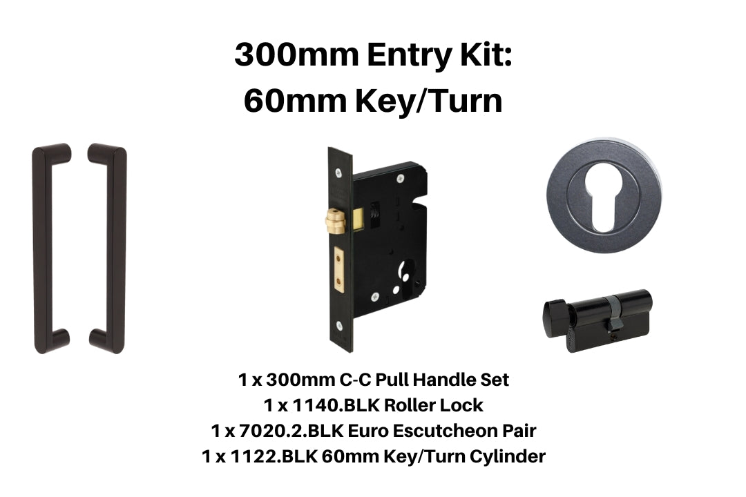 Product picture of the Duke Matt Black Pull Handle 300mm Entry Kit 2 on a white background.