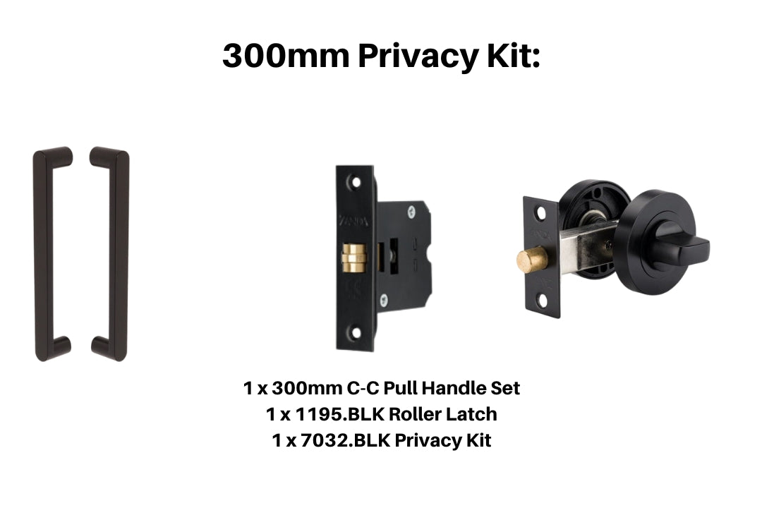 Product picture of the Duke Matt Black Pull Handle 300mm Privacy Kit on a white background.