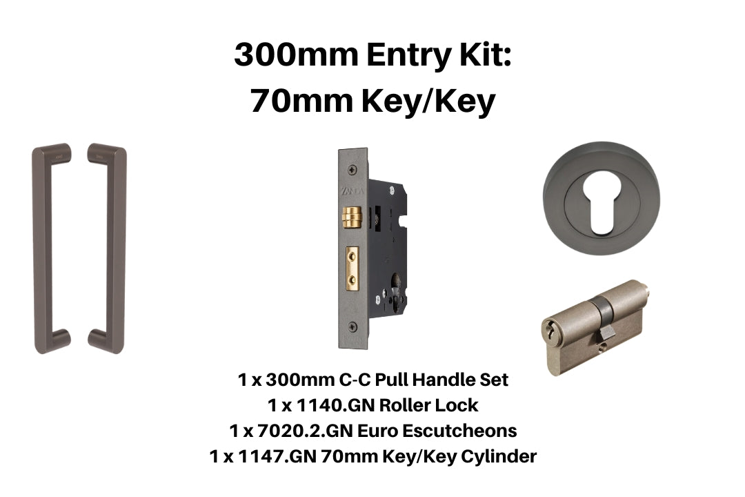 Product picture of the Zanda Duke Graphite Nickel Pull Handle 300mm 70mm Key/Key Euro Mortice Kit on a white background.