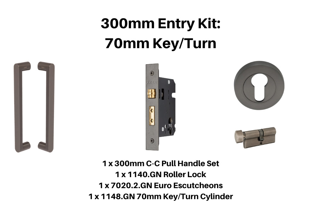 Product picture of the Zanda Duke Graphite Nickel Pull Handle 300mm 70mm Key/Turn Euro Mortice Kit on a white background.