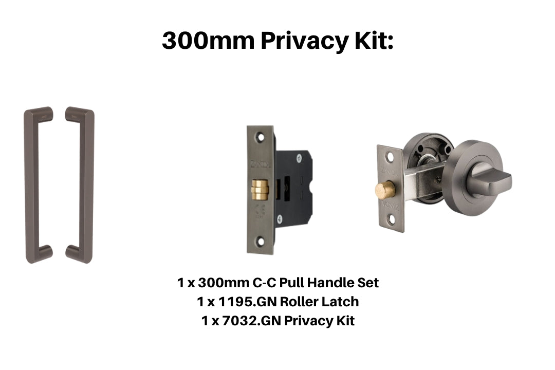 Product picture of the Zanda Duke Graphite Nickel Pull Handle 300mm Privacy Kit on a white background.