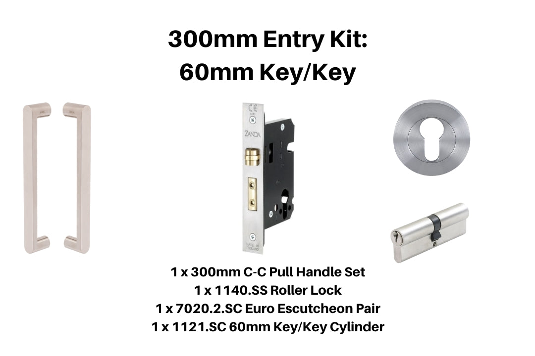 Product picture of the Duke Stainless Steel Pull Handle 300mm Entry Kit 1 on a Stainless Steel background.