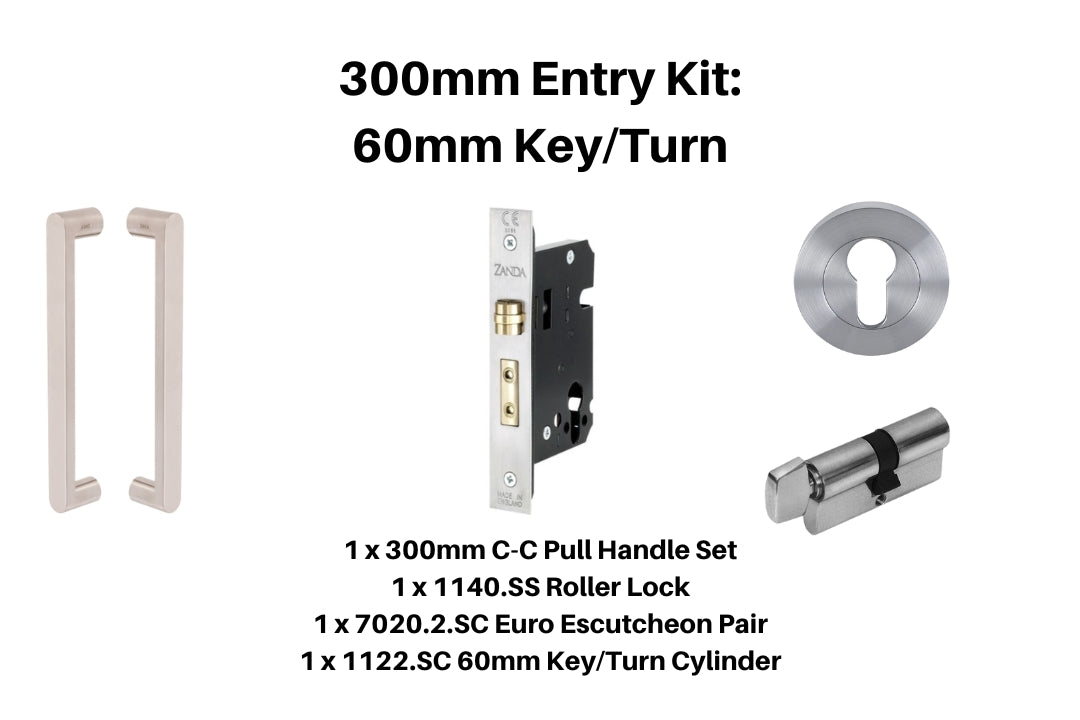 Product picture of the Duke Stainless Steel Pull Handle 300mm Entry Kit 2 on a Stainless Steel background.