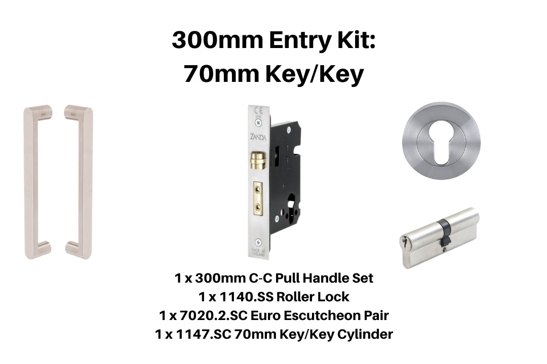 Product picture of the Duke Stainless Steel Pull Handle 300mm Entry Kit 3 on a Stainless Steel background.