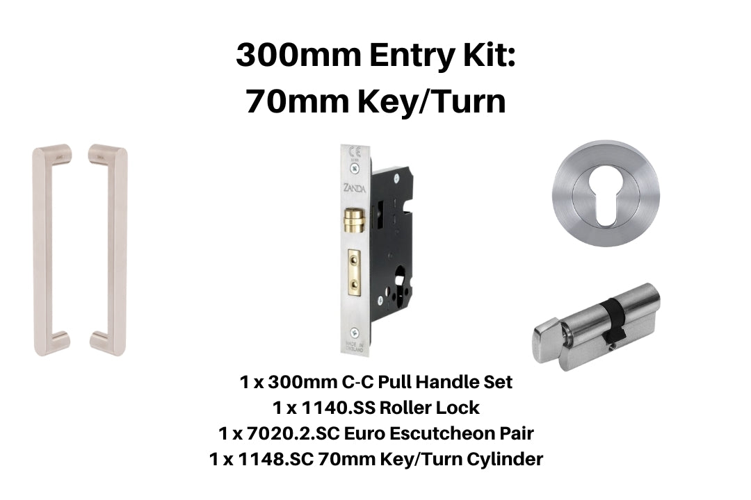Product picture of the Duke Stainless Steel Pull Handle 300mm Entry Kit 4 on a Stainless Steel background.