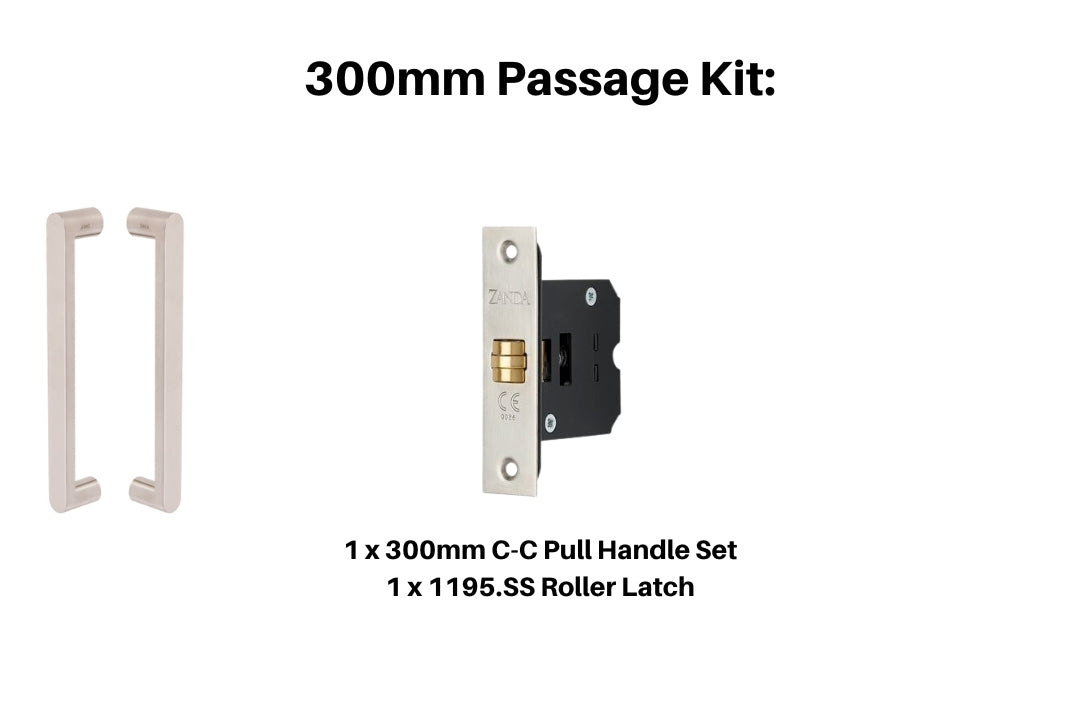 Product picture of the Duke Stainless Steel Pull Handle 300mm Passage Kit on a Stainless Steel background.
