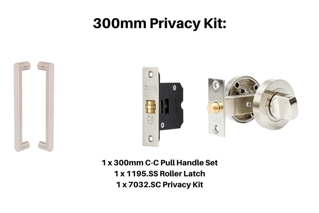 Product picture of the Duke Stainless Steel Pull Handle 300mm Privacy Kit on a Stainless Steel background.