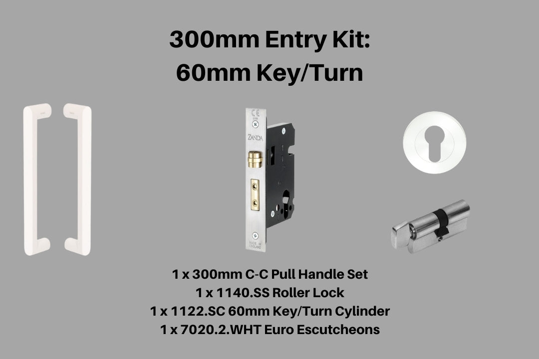Product picture of the Duke White Pull Handle 300mm Entry Kit 2 on a white background.