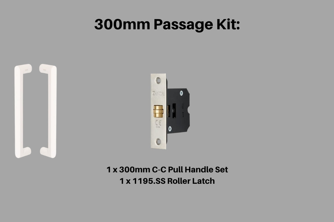 Product picture of the Duke White Pull Handle 300mm Passage Kit on a white background.