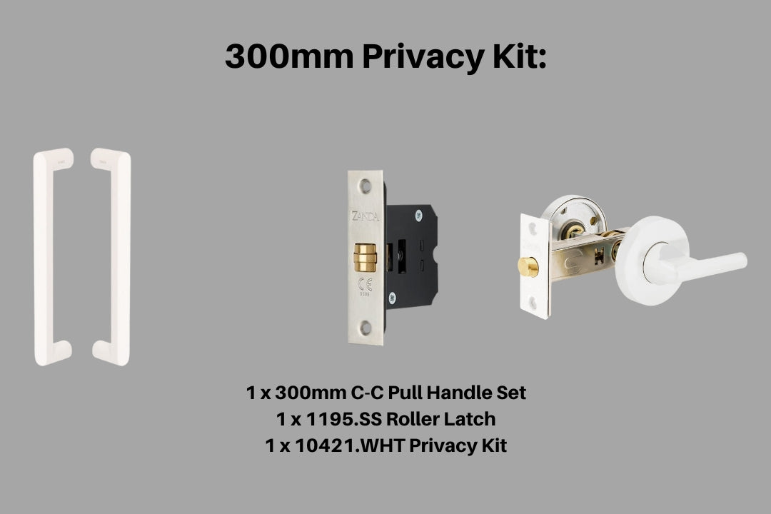 Product picture of the Duke White Pull Handle 300mm Privacy Kit on a white background.