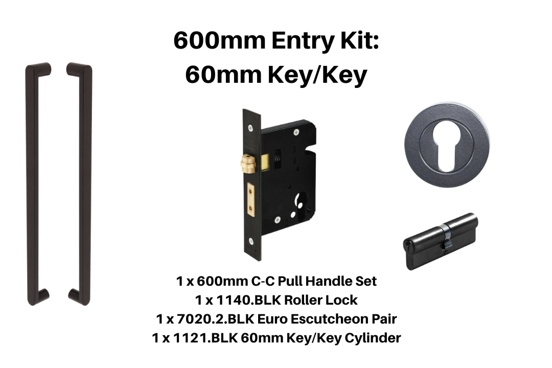 Product picture of the Duke Matt Black Pull Handle 600mm Entry Kit 1 on a white background.