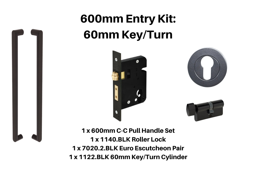 Product picture of the Duke Matt Black Pull Handle 600mm Entry Kit 2 on a white background.