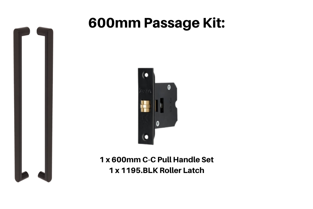 Product picture of the Duke Matt Black Pull Handle 600mm Passage Kit on a white background.